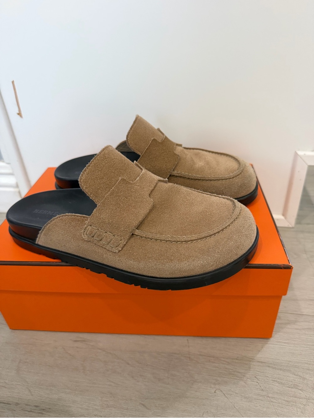Hermes Beige Suede Go Mules Clogs